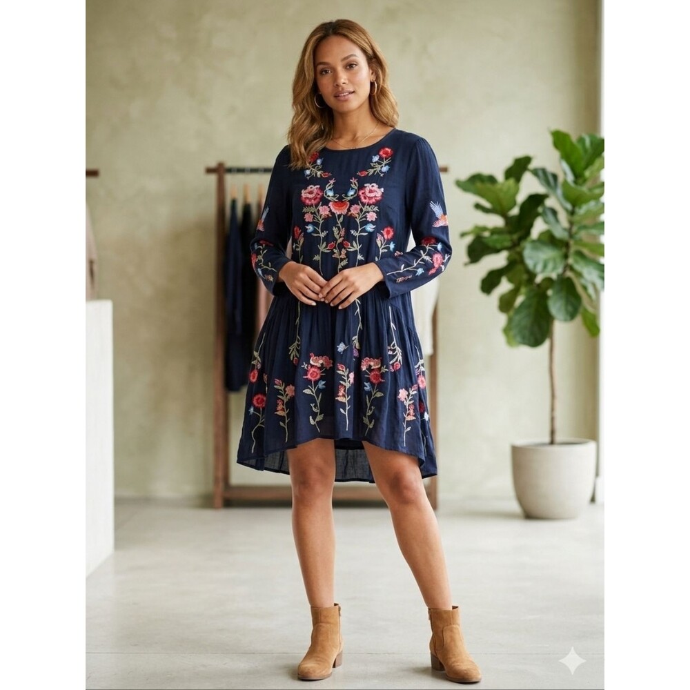 Embroidered Floral & Bird Folkloric Boho Chic Swing Dress – Black – Size S